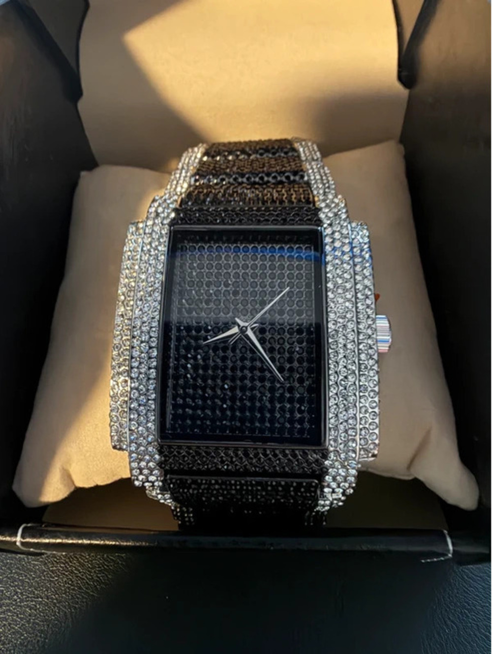 #603  42mm Iced Out Bling Chandelier Watch – Black & Silver Tone